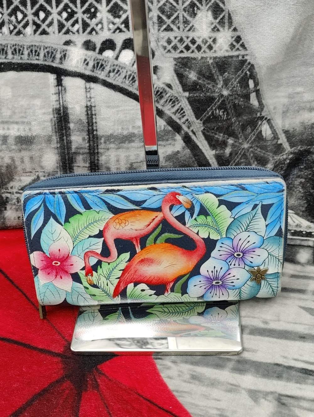 Anuschka Hand-Painted Wallet Flamingo Love